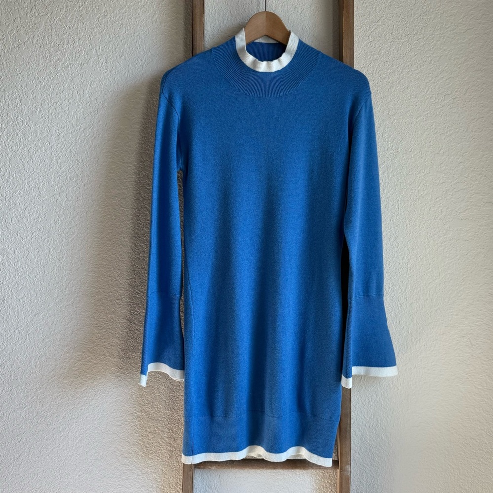 LENA Royal Blue w/White Trim Retro Flare Sleeve Sweater Dress NWT Sz: Large